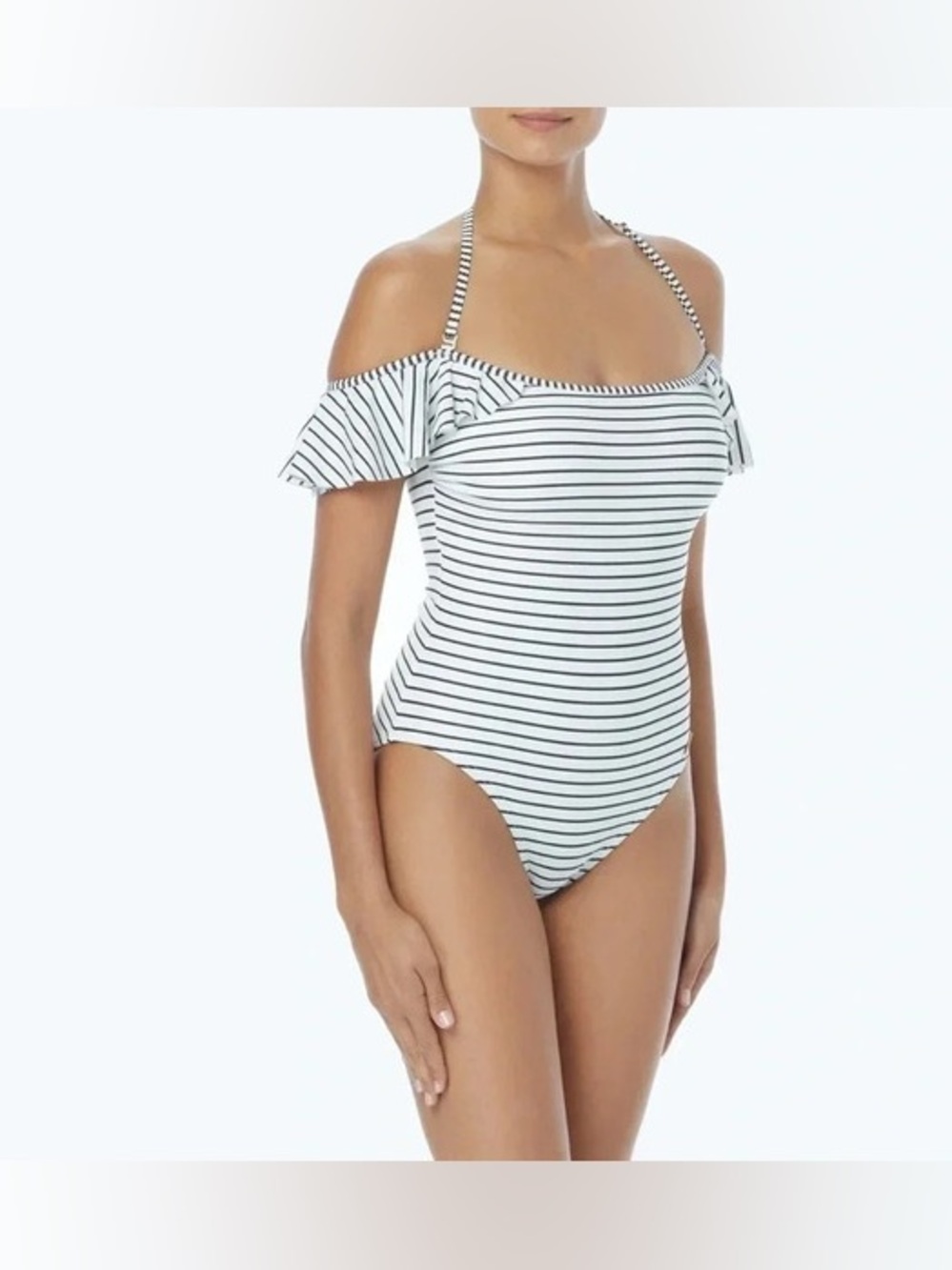 Vince Camuto Ruffle Off the Shoulder One Piece Swimsuit - Blossom Stripe NWT 6